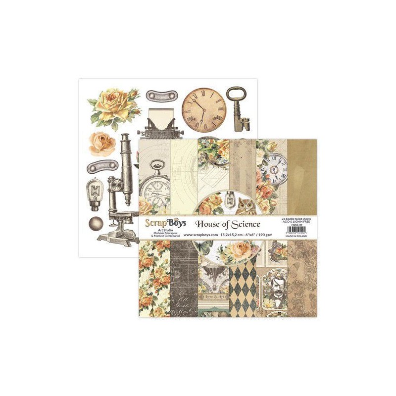 ScrapBoys House of Science paperpad 24 vl+cut out elements-DS 190gr 15,2cmx15,2cm