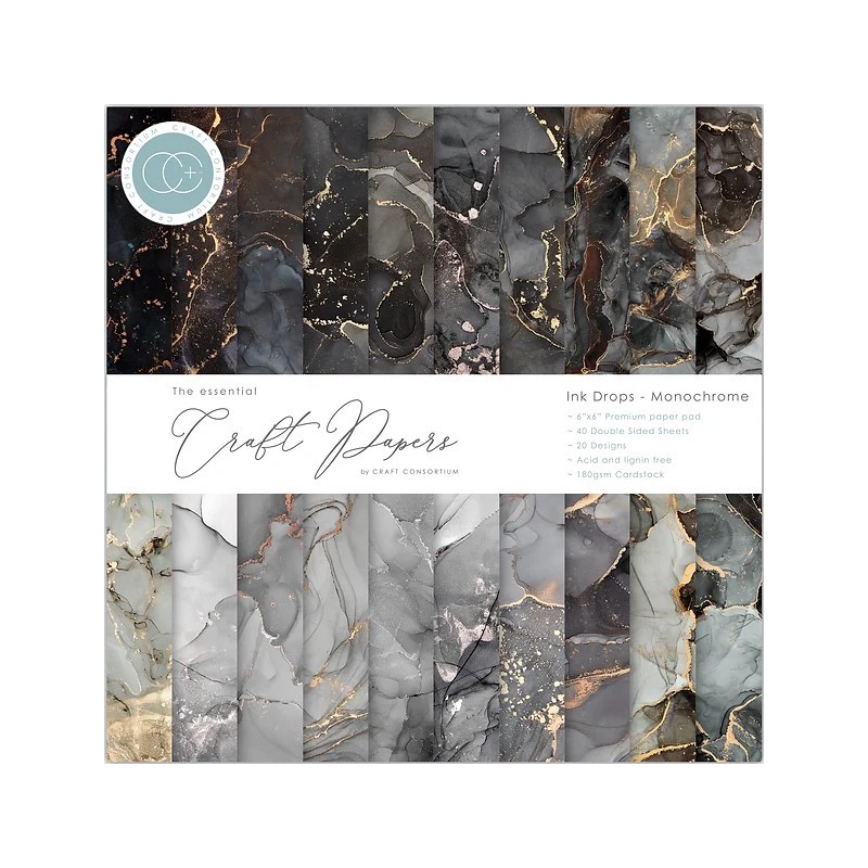 Craft Consortium The Essential Craft Papers - 6x6 - Ink Drops -Monochrome
