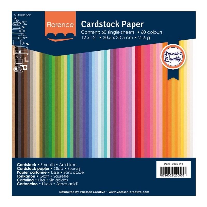 Vaessen Creative Florence Cardstock Papier - Zomer Kleurenmix, 216 G/m², 30.5x30.5 Cm, Glad (60 Vellen)
