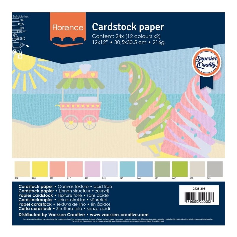 Vaessen Creative 1214-61 Florence Scrapbook-Papier Cardstock 30,5x30,5cm x60 vel, canvasstructuur, papier, Meerkleurig, 30,5 x 30,5 x 1 cm