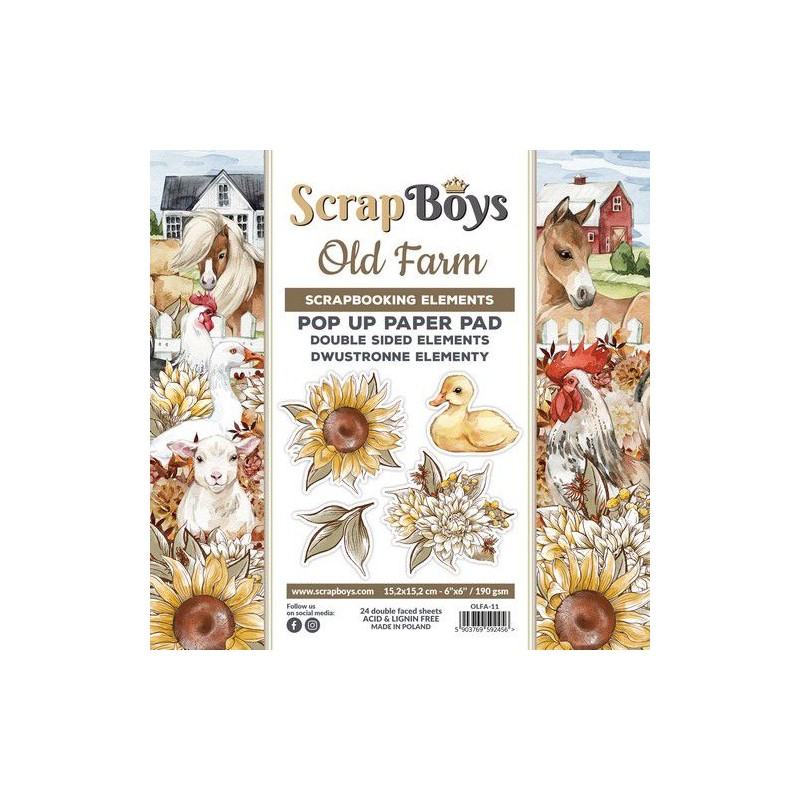 Scrapboys POP UP Paper Pad double sided elements - Old Farm  190gr 15,2x15,2cm