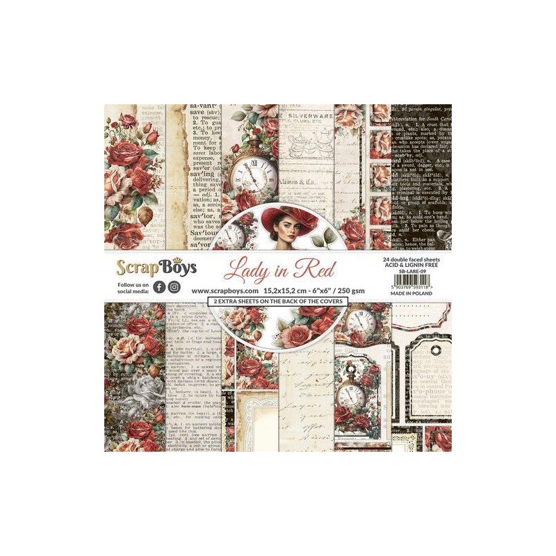 ScrapBoys Lady in Red paperpad 24 vl+cut out elements-DZ LARE-09 250gr 15,2cmx15,2cm