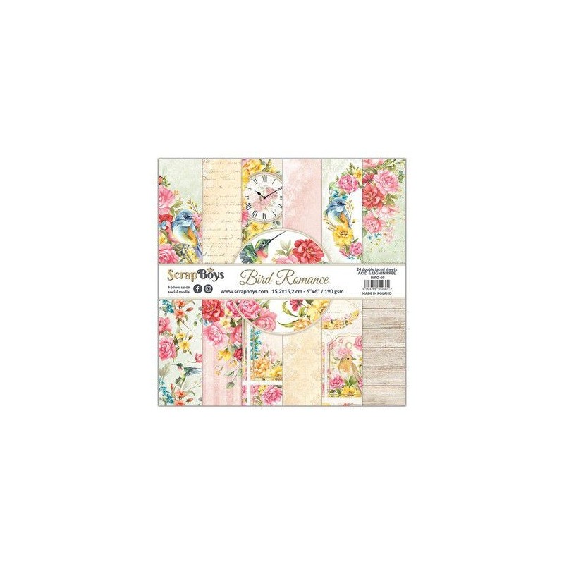 ScrapBoys Bird Romance paperpad 24 vl+cut out elements-DZ BIRO-09 190gr 15,2cmx15,2cm