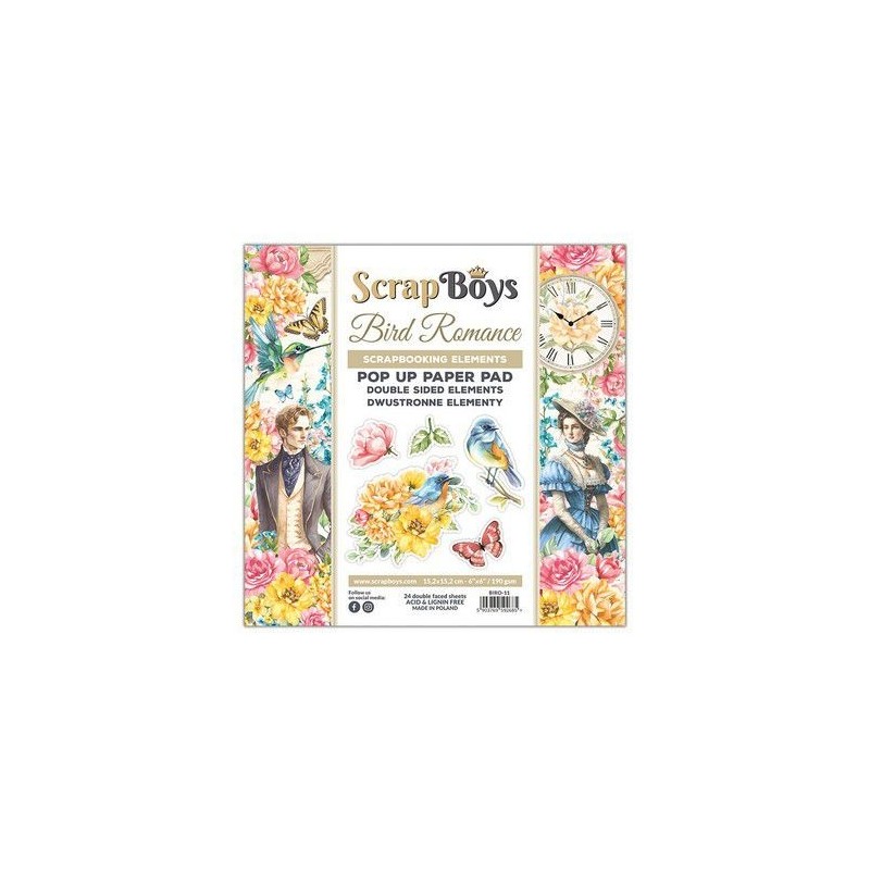 Scrapboys POP UP PaperPad double sided elements Bird Romance BIRO-11 190gr 15,2x15,2cm