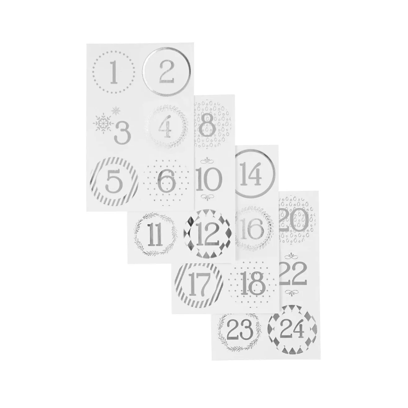 Stickers Kalendersiffror 1 Förp., 4 Ark, Dia. 40 mm, 9x14 cm, SILVER / Vit