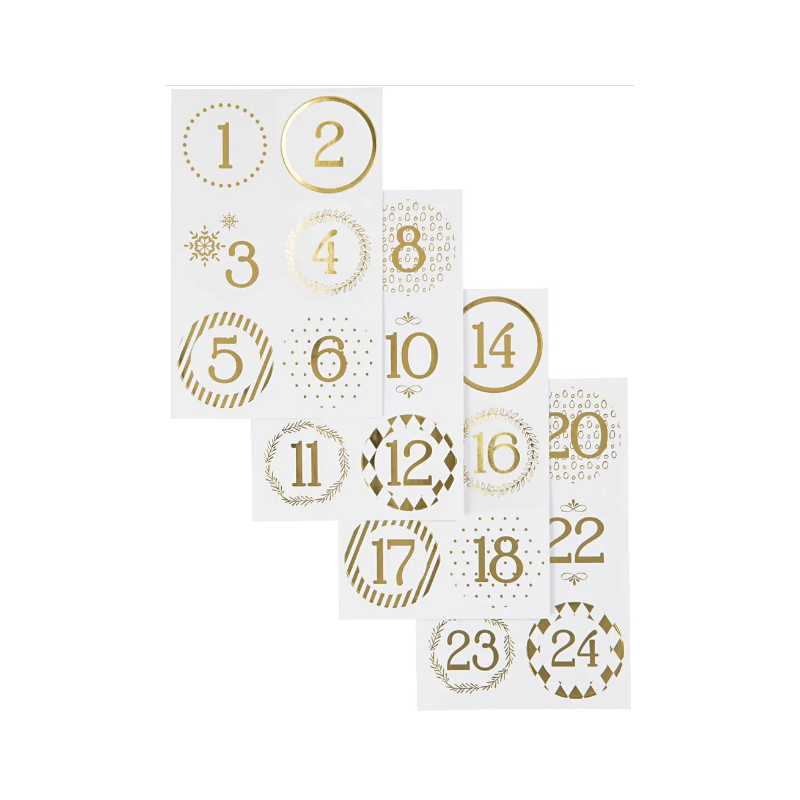 Christmas Calendar Number Stickers, 40 mm, 9x14 cm, Gold, White, 4 Sheet, 1  Pack