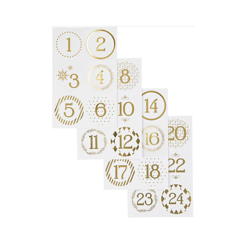 Stickers Kalendersiffror 1 Förp., 4 Ark, Dia. 40 mm, 9x14 cm, GULD / Vit
