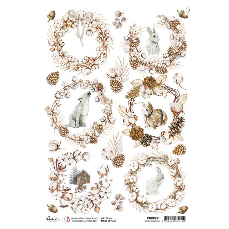 Ciao Bella A4 Rice Paper - White Garlands CBRP281