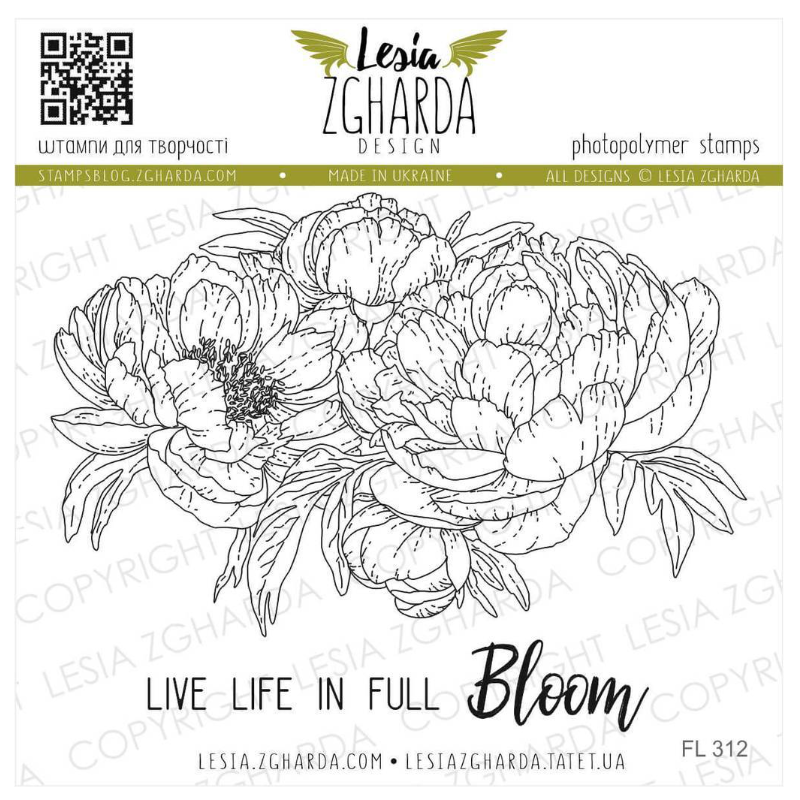 Lesia Stamp Set "Peony flowers with sentiments "Live life in full Bloom"