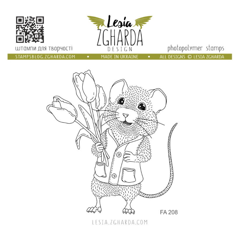 Lesia Stamp "Mouse with bouquet of tulips"