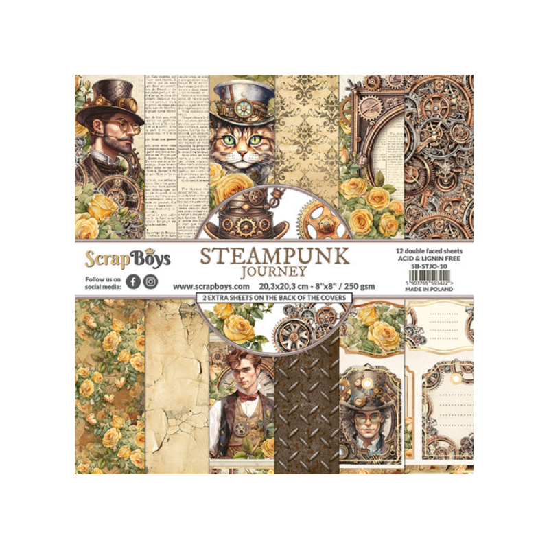 ScrapBoys Steampunk Journey 8x8 paperpad 12 vl+cut out elements-DZ STJO-10 250gr 20,3x20,3cm