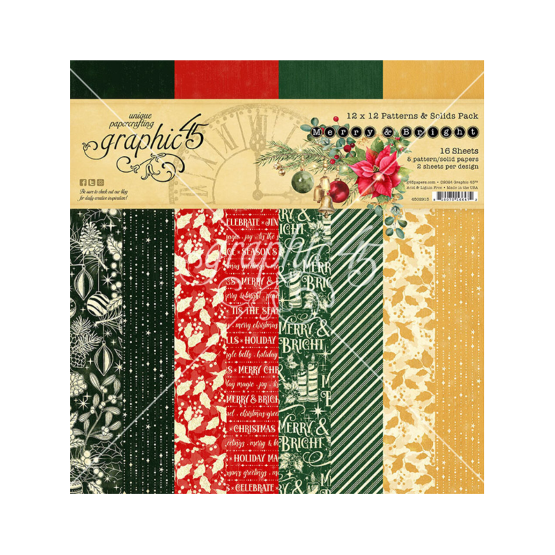 Graphic 45 Merry & Bright 12x12 Inch Patterns & Solids Pack 4502915