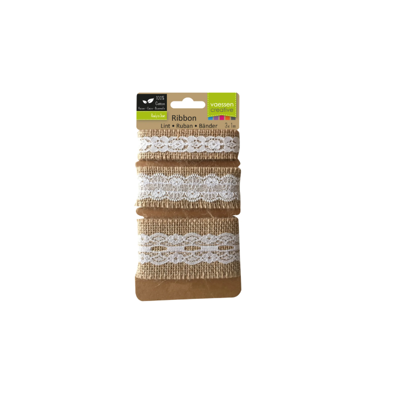 Vaessen Creative • Assortiment Jute ribbon/Lace Naturel/Ivory 3pcs 1m