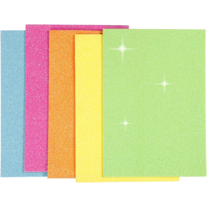 A5 Foam, tjocklek 2 mm, mixade färger, Glitter - Neon, 5ark
