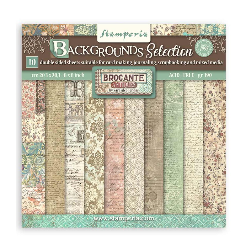 Stamperia Small Pad 10 sheets cm 20,3X20,3 (8"X8") Backgrounds Selection - Brocante Antiques