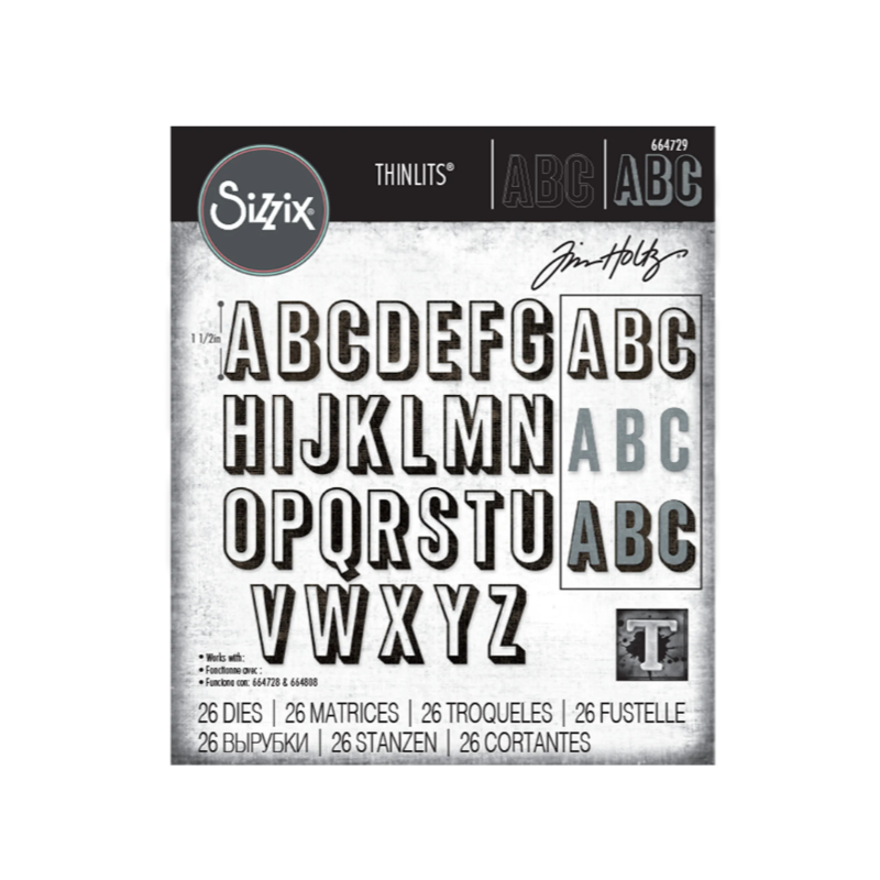 Sizzix • Tim Holtz Thinlits Die Set Alphanumeric Shadow Upper 26pcs  1 1/2inch