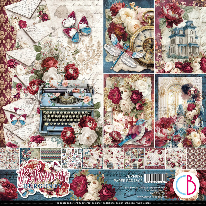 Ciao Bella Bohemian Burgundy 12x12 Inch Paper Pad (12pcs) (CBPM099)