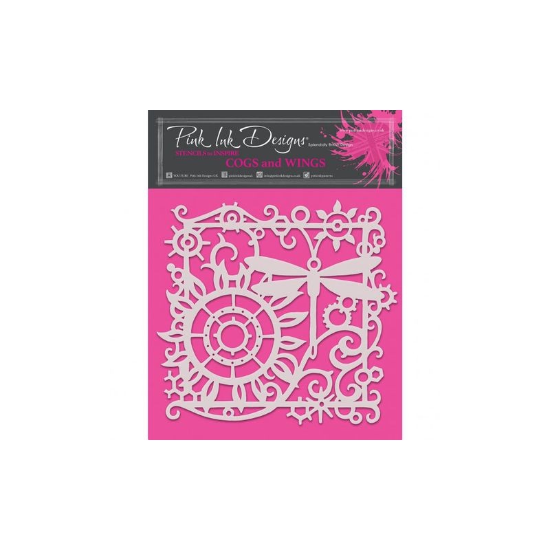 Creative Expressions  Pink ink stencil 8x8" cogs and wings
