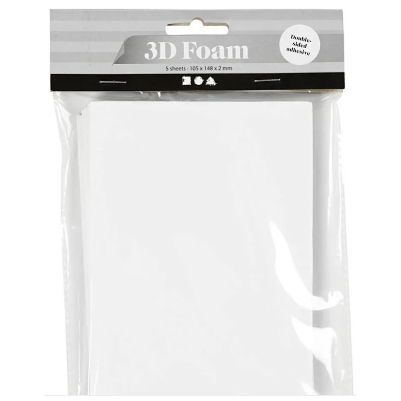 3D Foam Ark Dubbelsidig 105x148 mm, tjocklek 2 mm, Vit, 5 ark/ 1 förp.